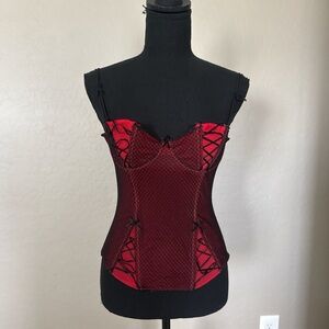 Morbid Threads Red and Black Fish Net Lace-Up Corset Camisole